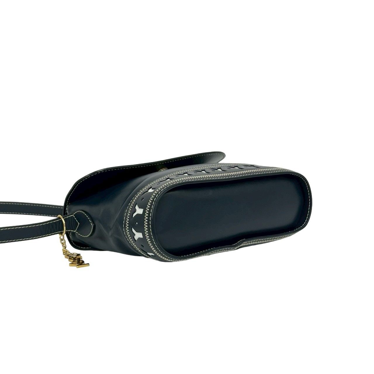 Saint Laurent Cutout Logo Charm Leather Shoulder Bag Navy — view 7