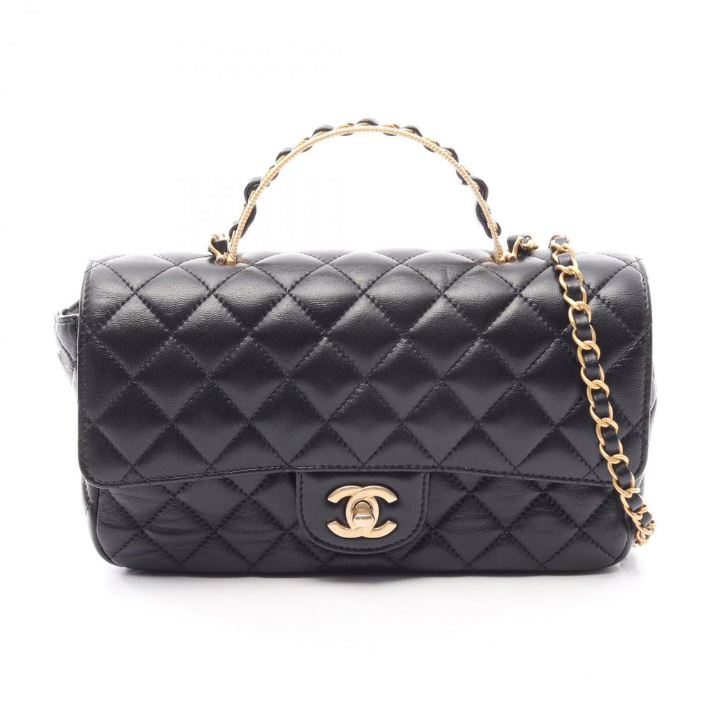 Chanel Shoulder Bag Quilted Top Handle 2-Way Black Lambskin Chain