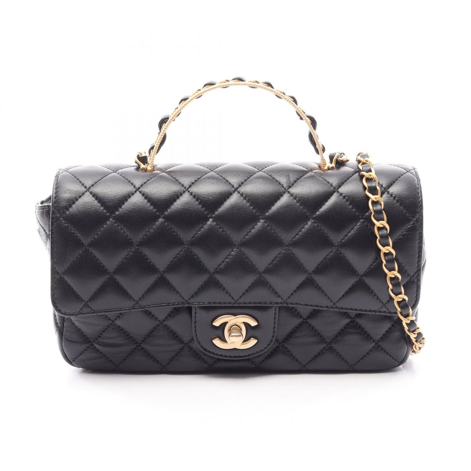 Chanel Shoulder Bag Quilted Top Handle 2-Way Black Lambskin Chain
