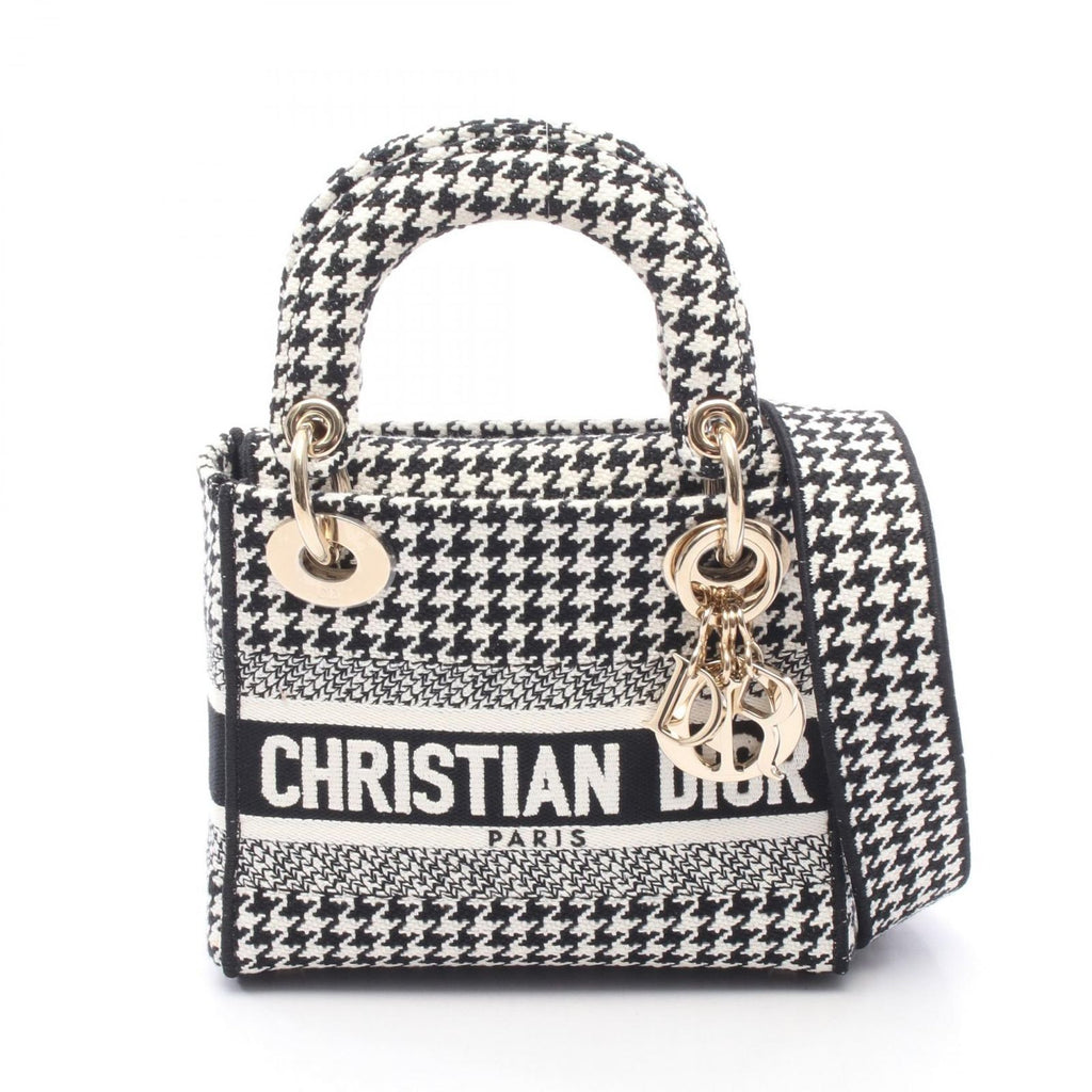 Dior Handbag Lady D-lite Mini Houndstooth 2-Way White Black Canvas Lady Dior
