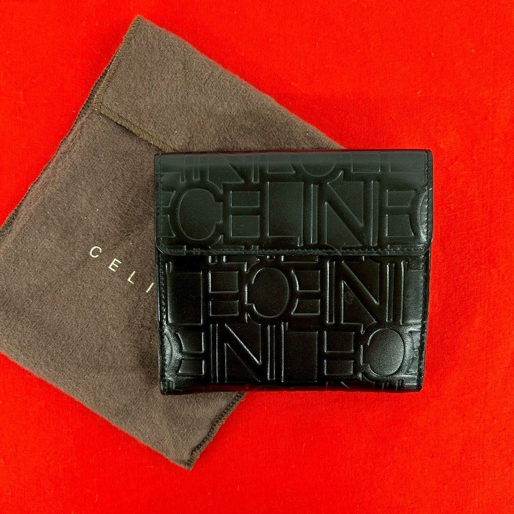 Celine Logo Embossed Leather Trifold Wallet Mini Coin Purse Card Case Black