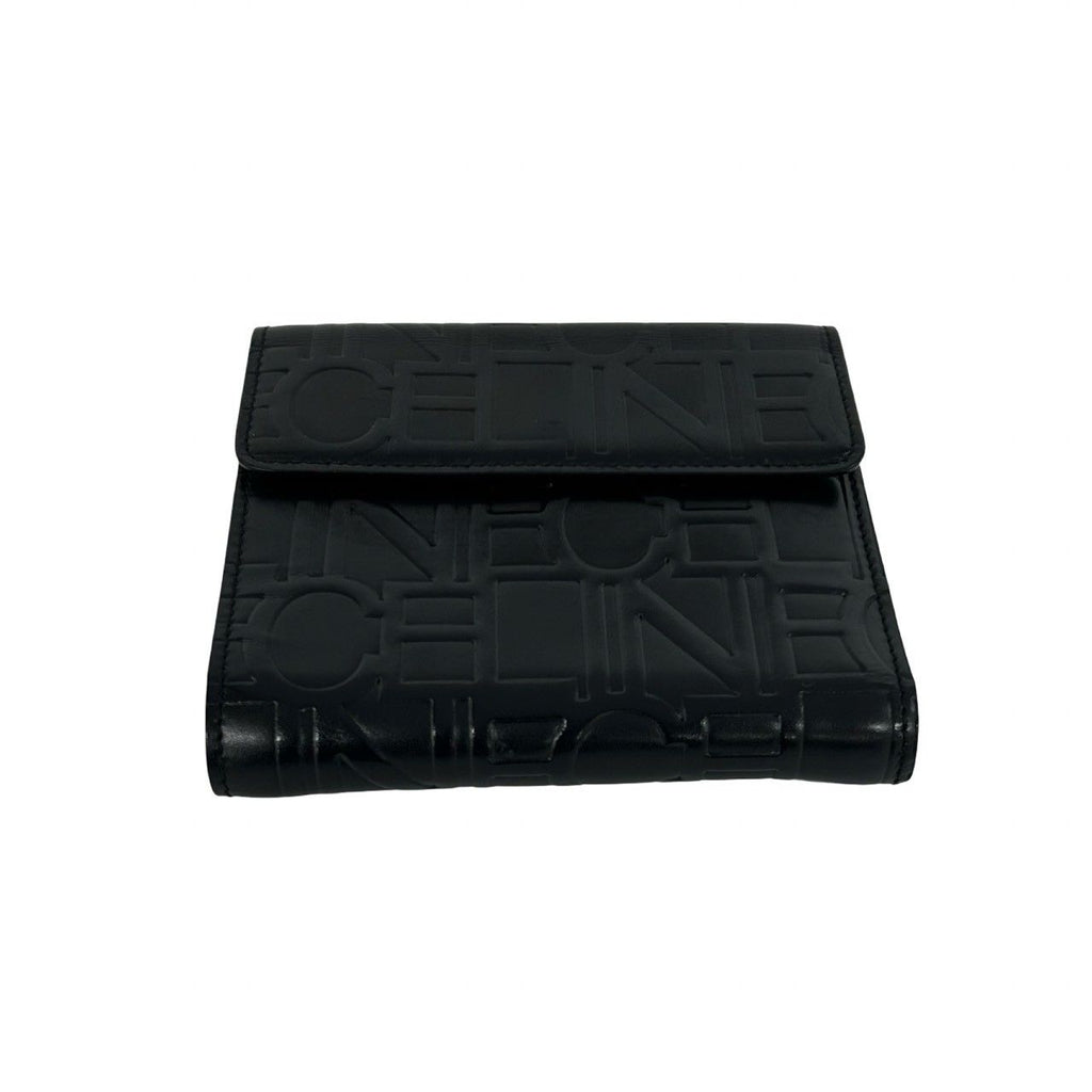 Celine Logo Embossed Leather Trifold Wallet Mini Coin Purse Card Case Black — view 6