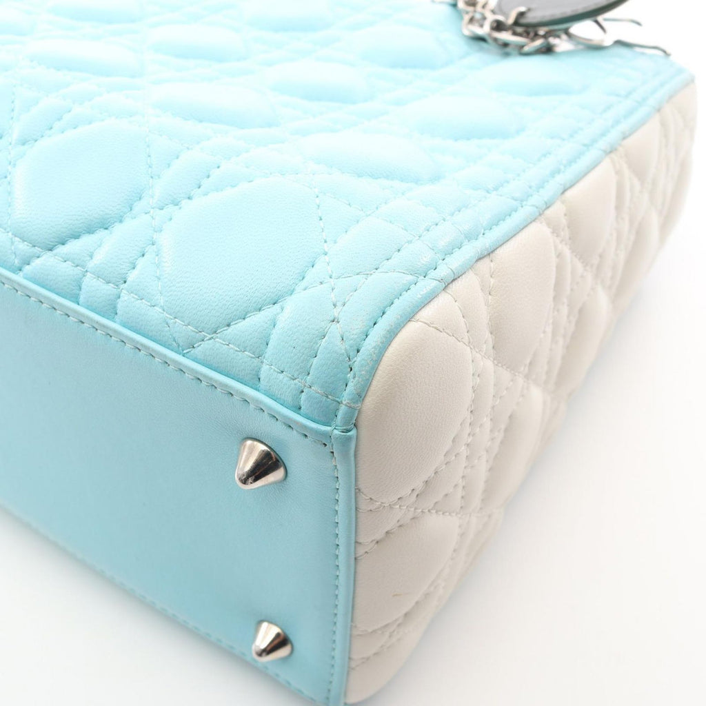 Dior Handbag Lady Dior Cannage Light Blue Ivory Green Leather Tote — view 5