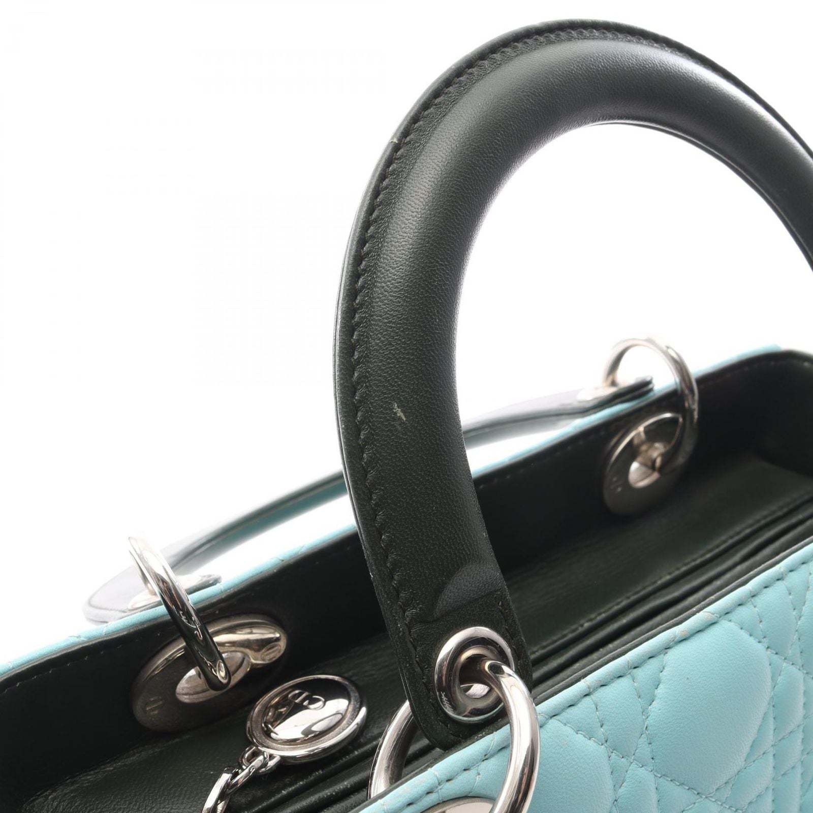 Dior Handbag Lady Dior Cannage Light Blue Ivory Green Leather Tote — view 7