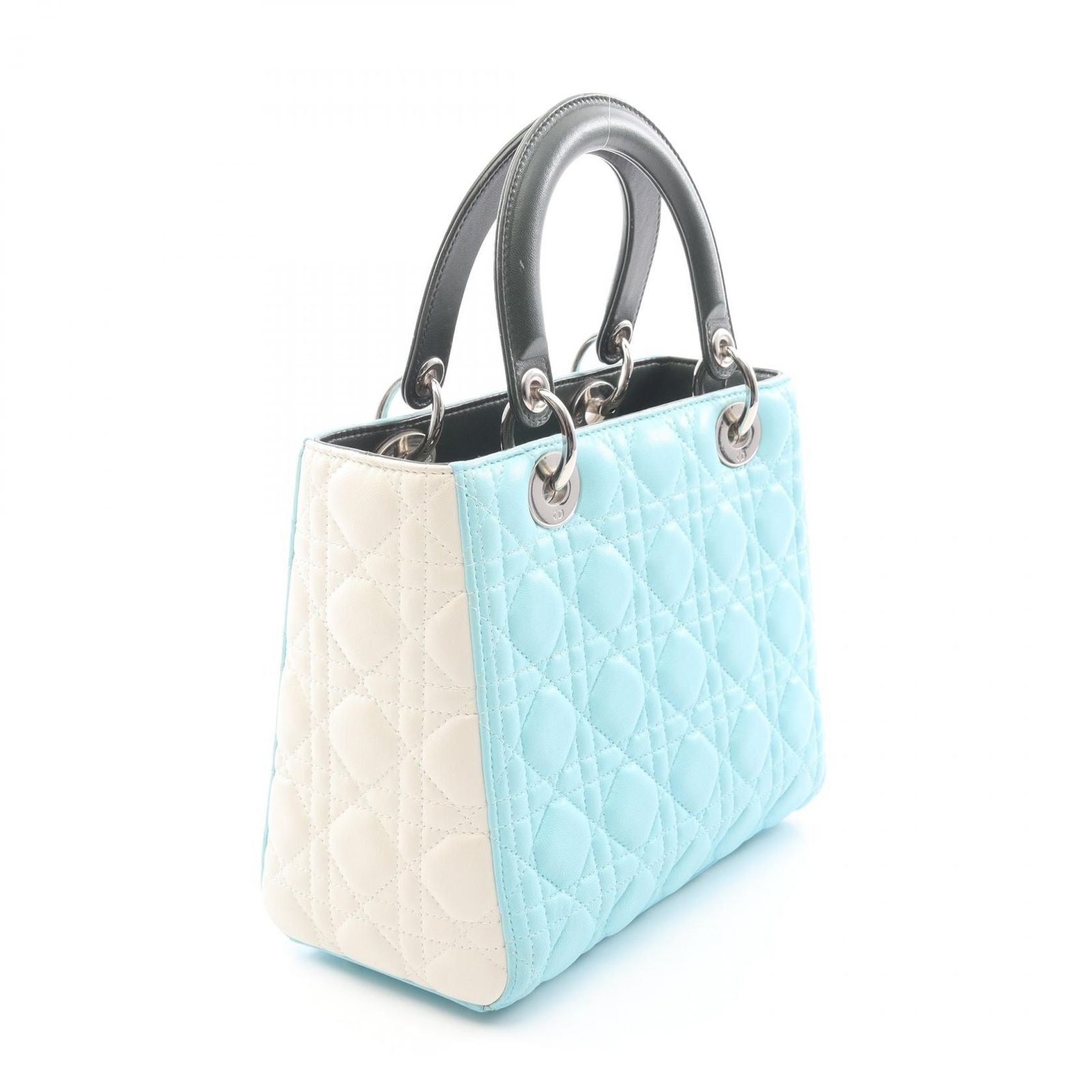 Dior Handbag Lady Dior Cannage Light Blue Ivory Green Leather Tote — view 2