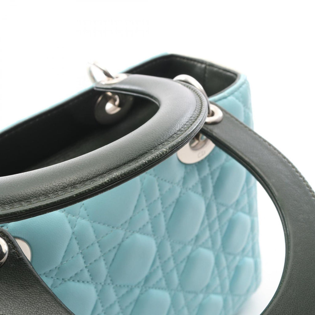 Dior Handbag Lady Dior Cannage Light Blue Ivory Green Leather Tote — view 8