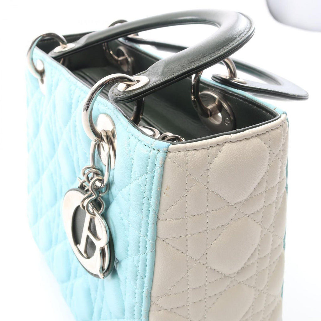 Dior Handbag Lady Dior Cannage Light Blue Ivory Green Leather Tote — view 6