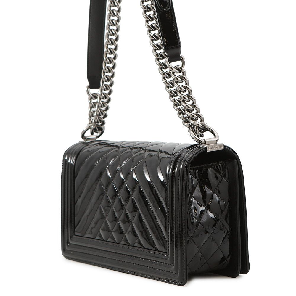 Chanel Chain Shoulder Bag Boy 25 Quilted CC Logo Patent Black — view 2
