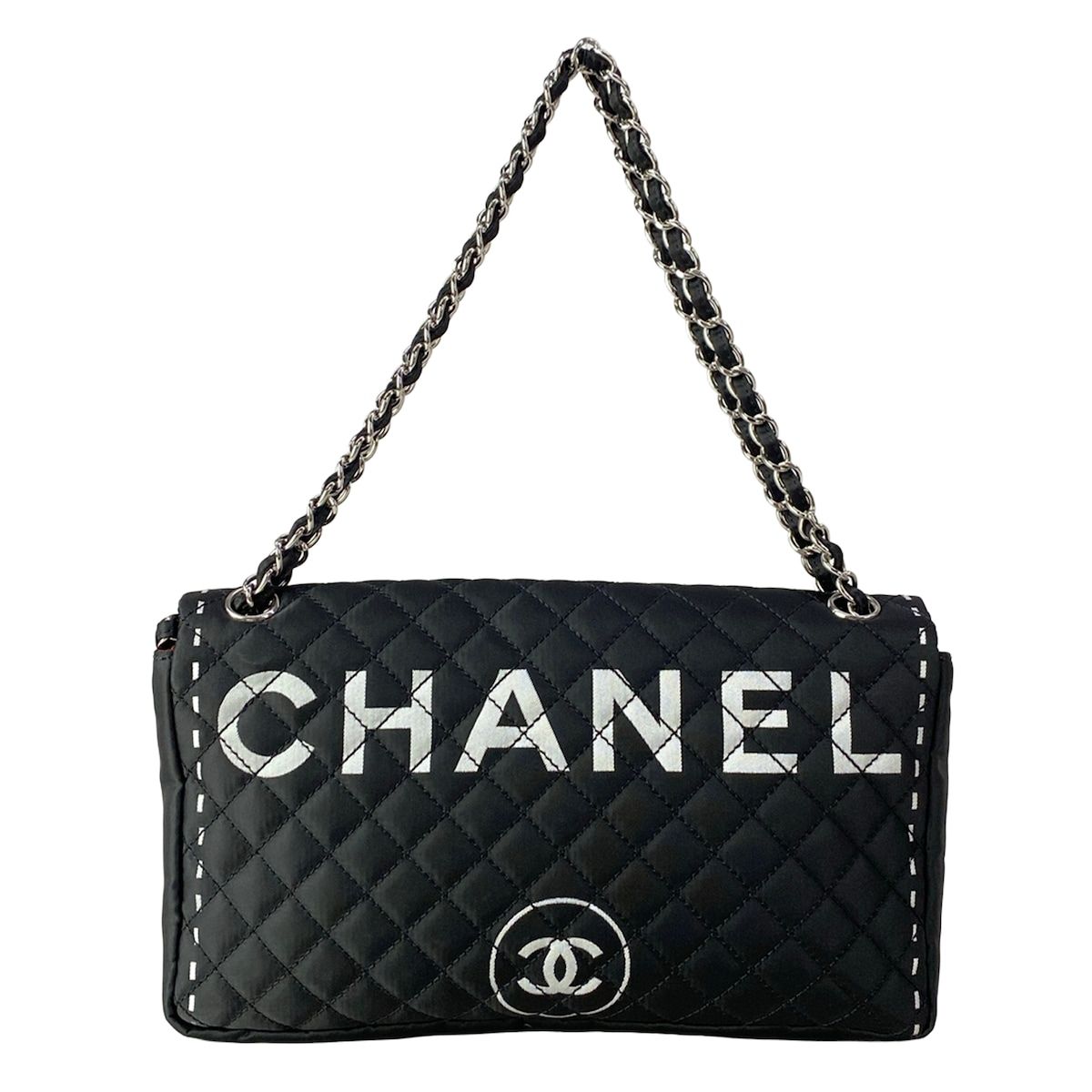 Chanel Shoulder Bag Quilted Black Silver Chain Logo — view 3
