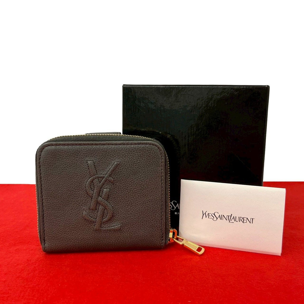 Saint Laurent YSL Logo Leather Round Zip Bifold Wallet Mini Gray