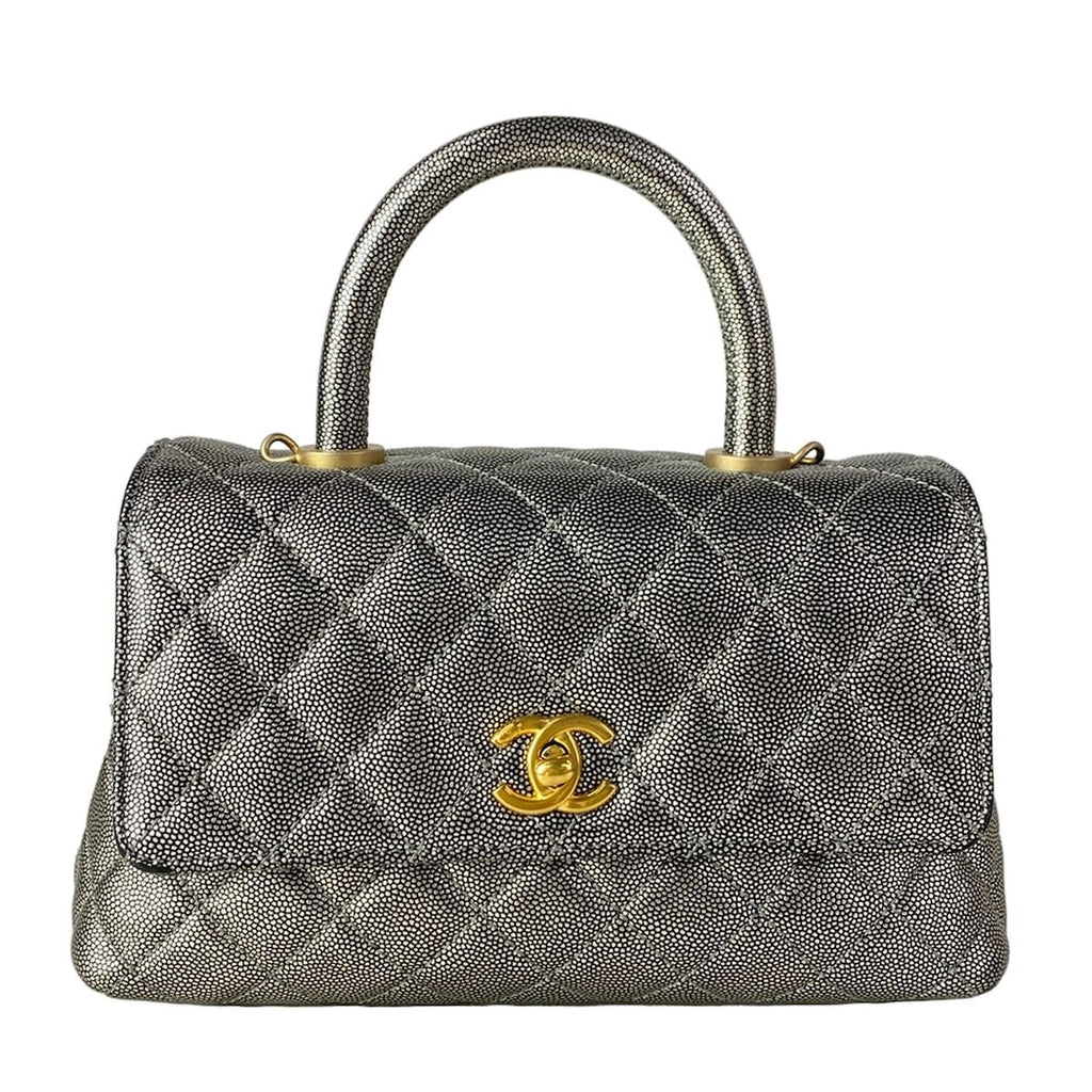 Chanel Handbag Top Handle Flap Bag Quilted Coco XS Silver Vintage Gold
