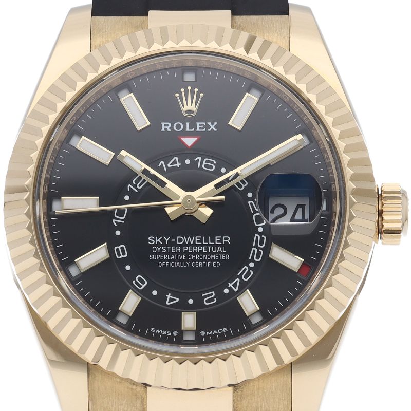 Rolex Sky Dweller Watch Box Card 18k Yellow Gold Rubber Strap Black Polished