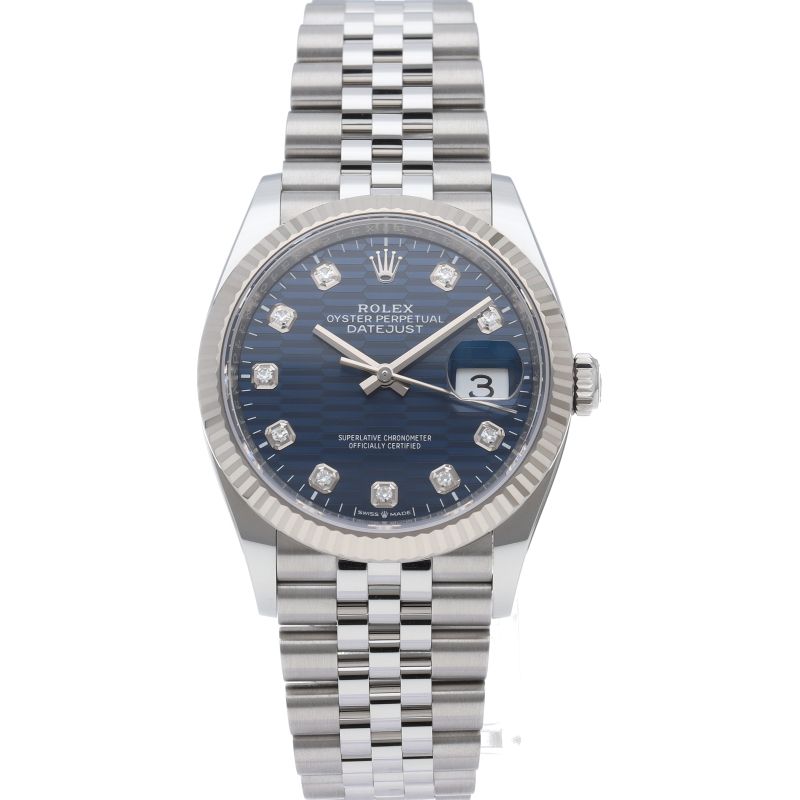 Rolex Datejust 36 Watch Blue Full Tufted Motif Dial Box Card 18k White Gold — view 2