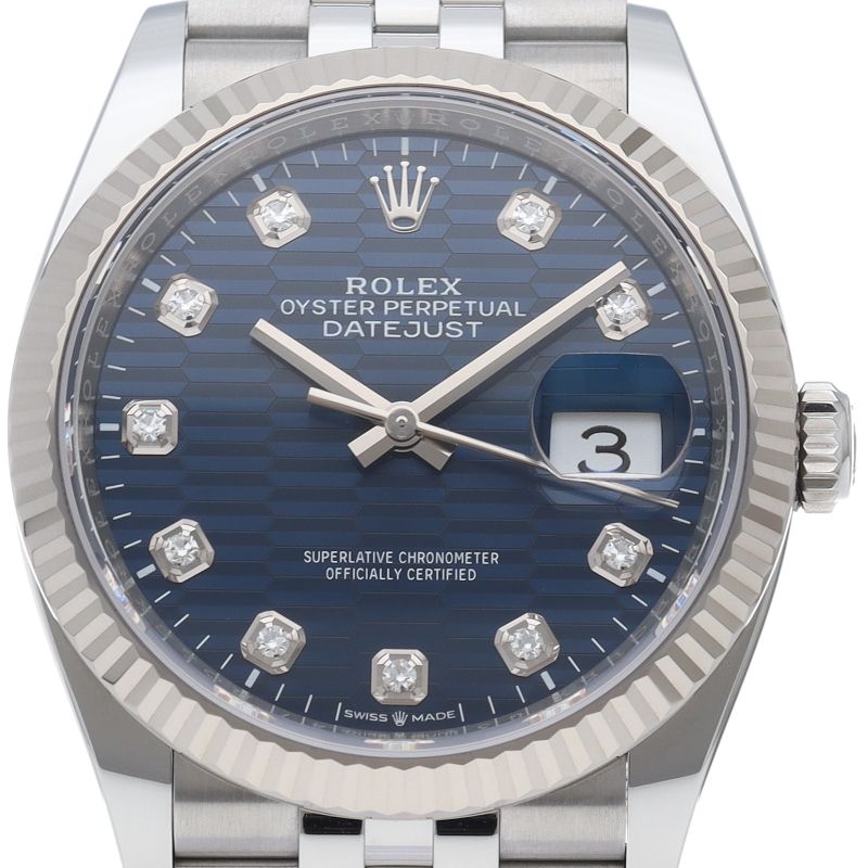 Rolex Datejust 36 Watch Blue Full Tufted Motif Dial Box Card 18k White Gold