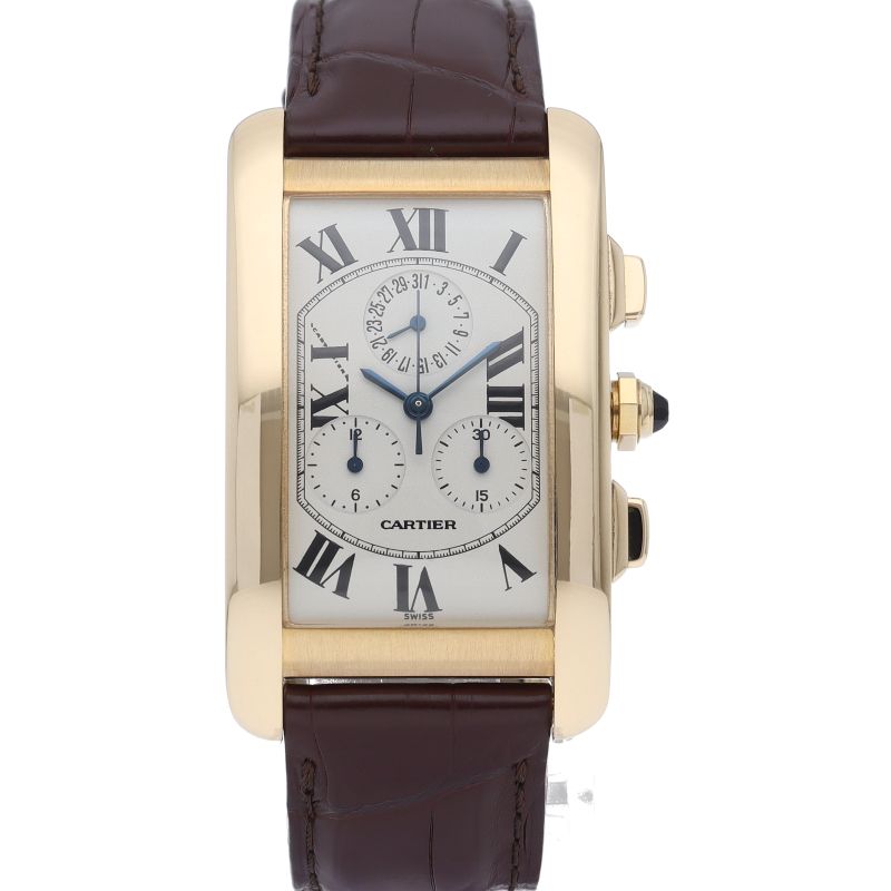 Cartier Tank American LM Chrono Reflex Watch 18k Yellow Gold Leather Strap — view 2
