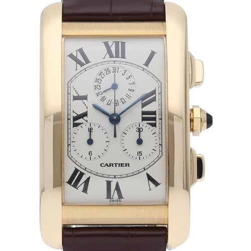 Cartier Tank American LM Chrono Reflex Watch 18k Yellow Gold Leather Strap