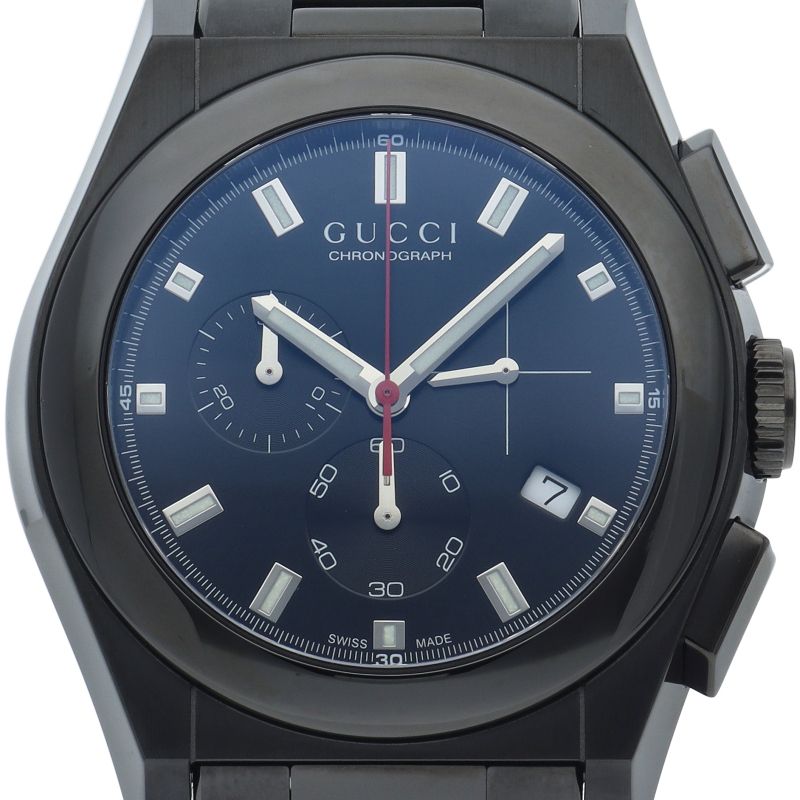 Gucci Pantheon Chronograph Black 115.2 Box Card Stainless Steel Watch Pre Owned