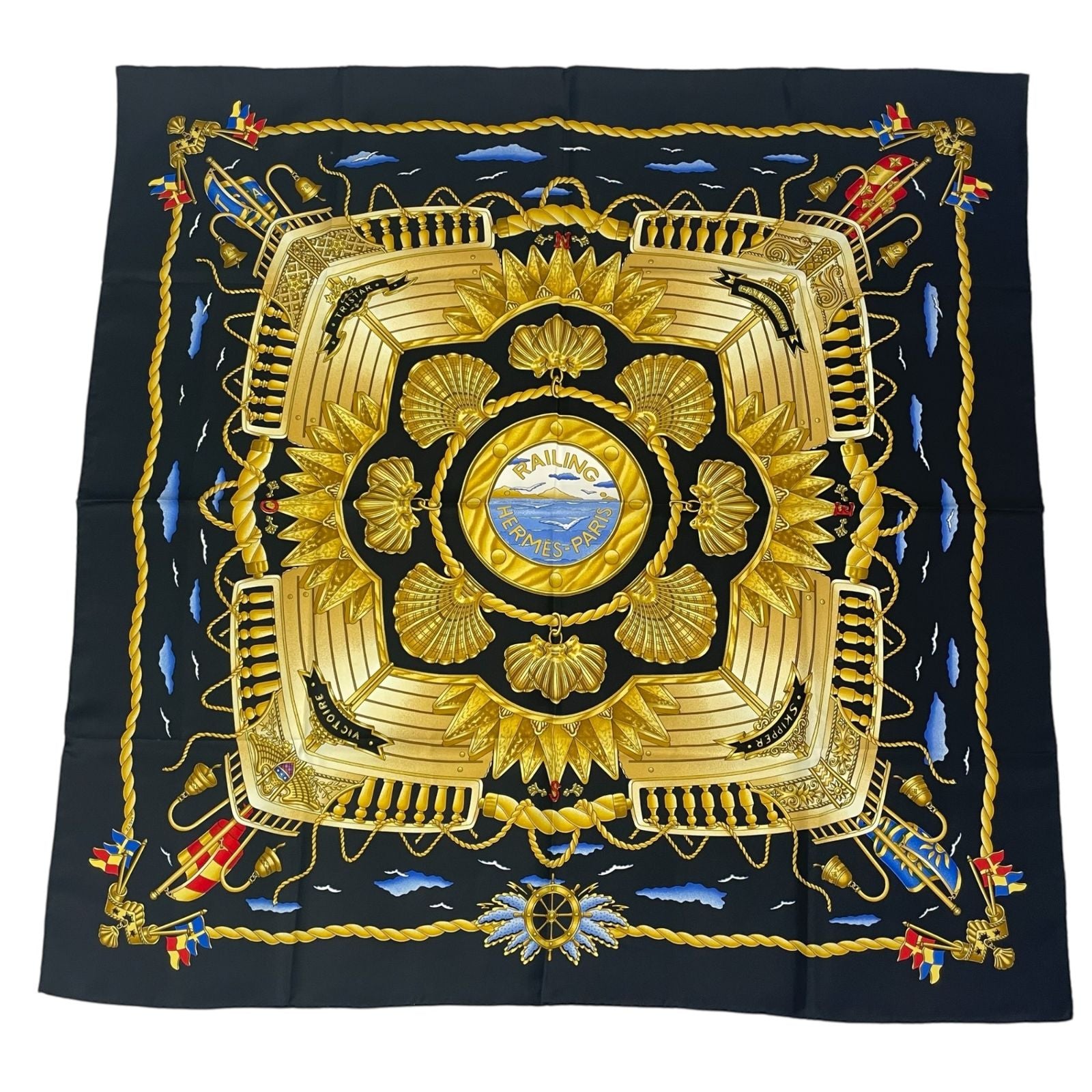 Hermes Carre 90 Railing Ship Handrail Scarf Silk Black