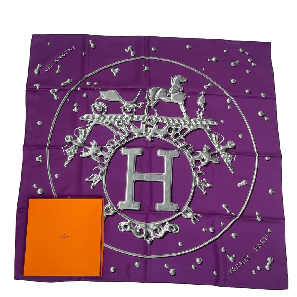 Hermes Carre 90 Vif Argent Silver Drop Orange Silk Scarf Purple
