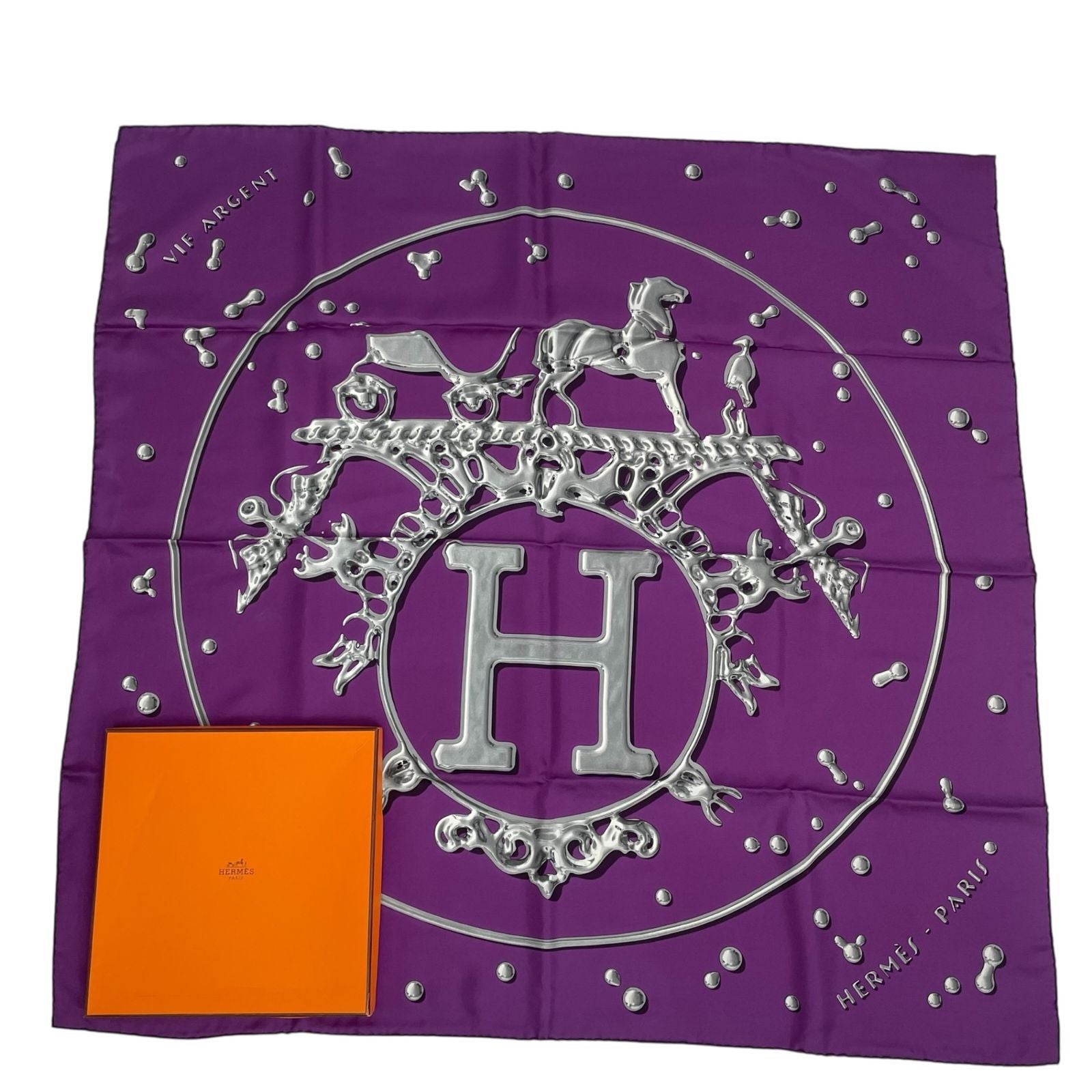 Hermes Carre 90 Vif Argent Silver Drop Orange Silk Scarf Purple