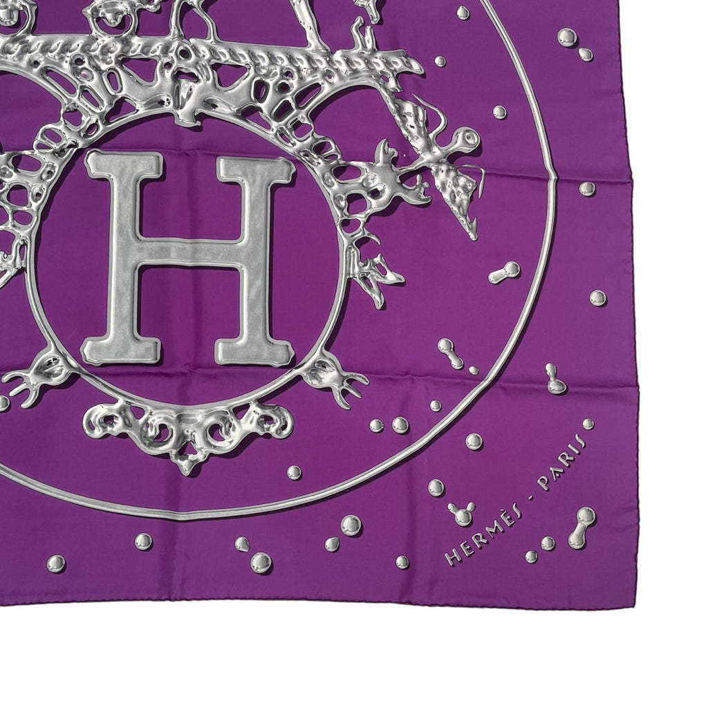 Hermes Carre 90 Vif Argent Silver Drop Orange Silk Scarf Purple — view 6