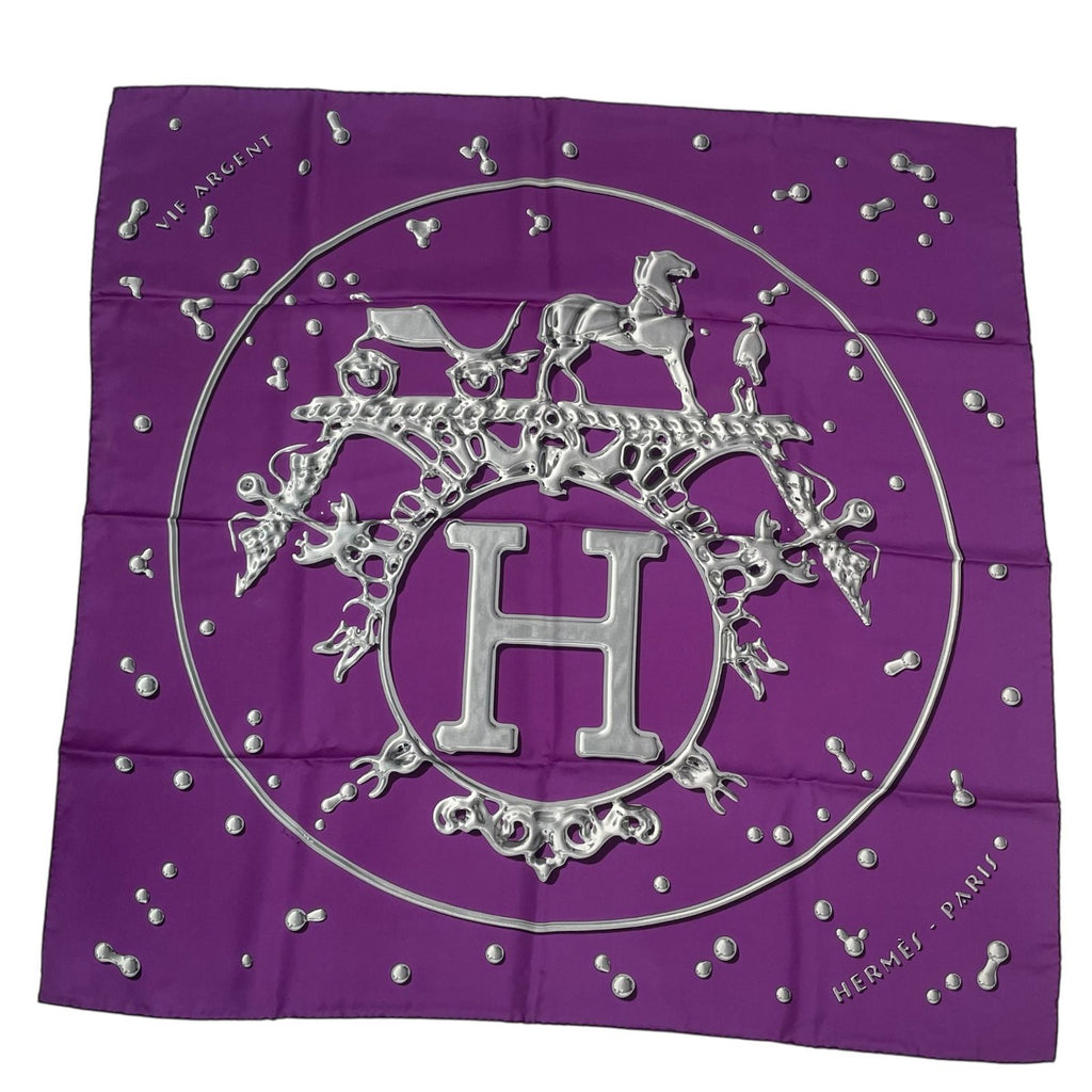 Hermes Carre 90 Vif Argent Silver Drop Orange Silk Scarf Purple — view 2