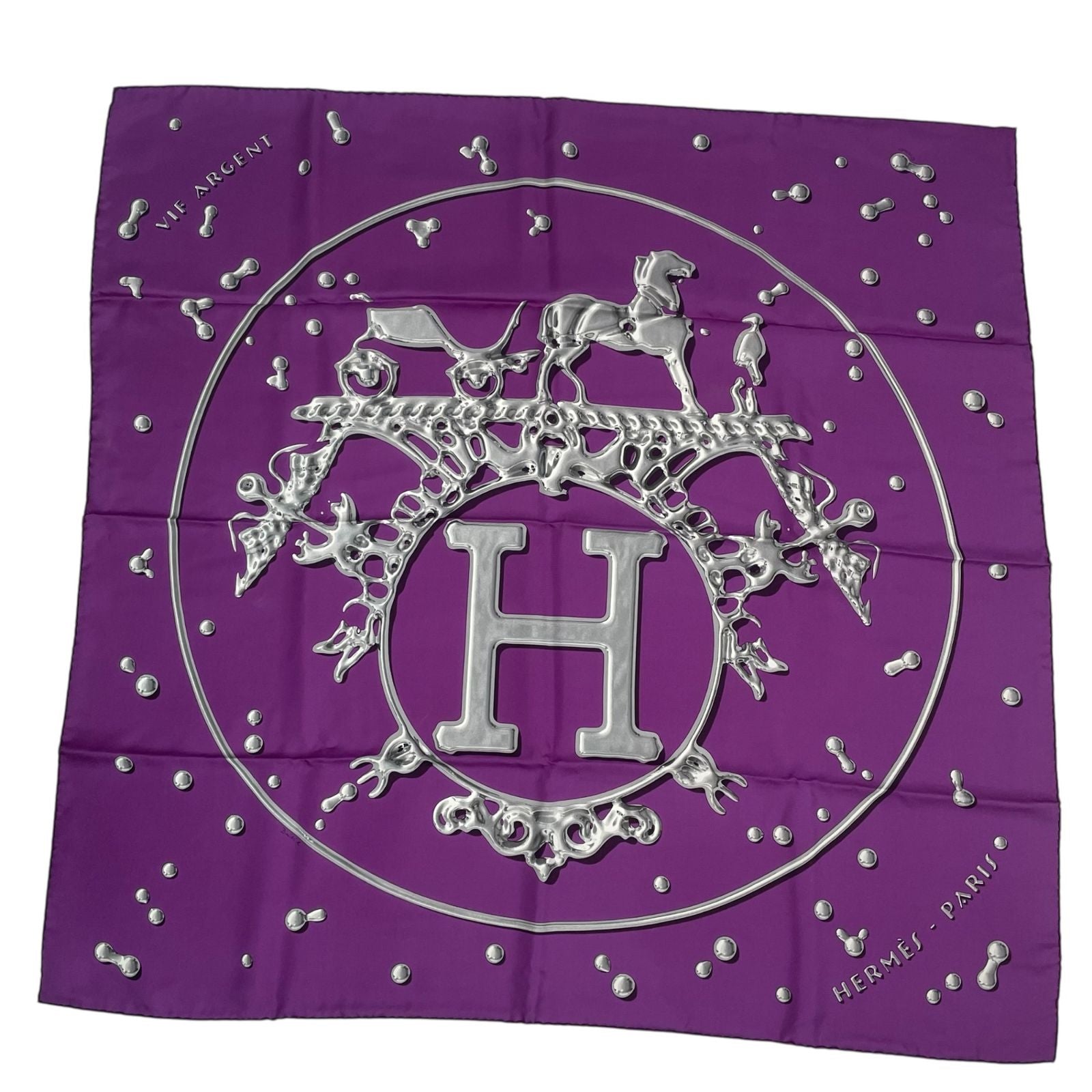 Hermes Carre 90 Vif Argent Silver Drop Orange Silk Scarf Purple — view 2