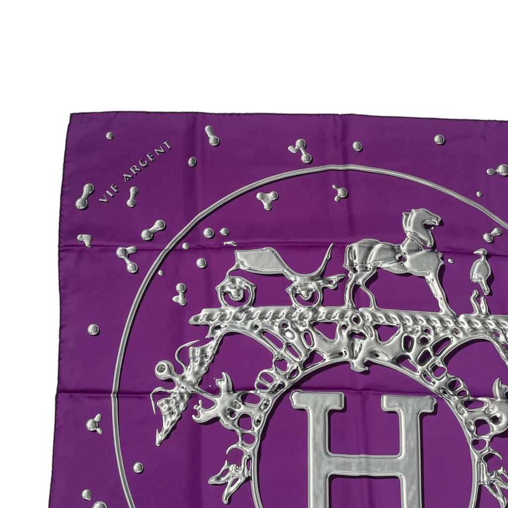 Hermes Carre 90 Vif Argent Silver Drop Orange Silk Scarf Purple — view 3