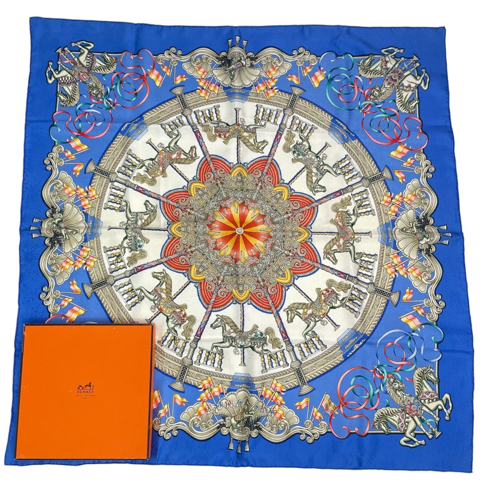 Hermes Carre 90 Scarf Silk Luna Park Amusement Merry Go Land Blue