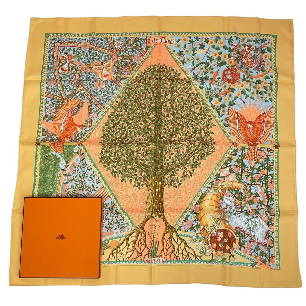 Hermes Silk 100% Scarf Carre 90 Axis Mundi Center of the World Multicolor