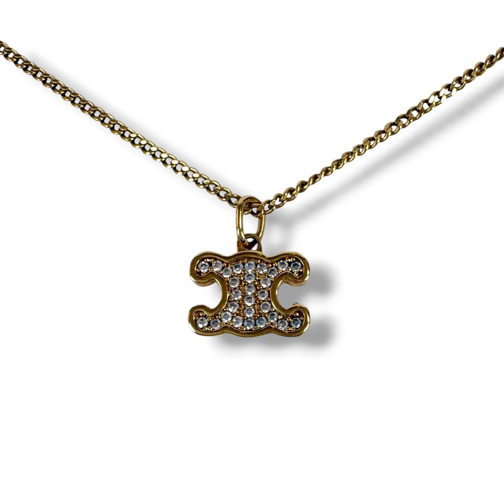 Celine Triomphe Rhinestone Necklace Gold Finish Brass & Crystal