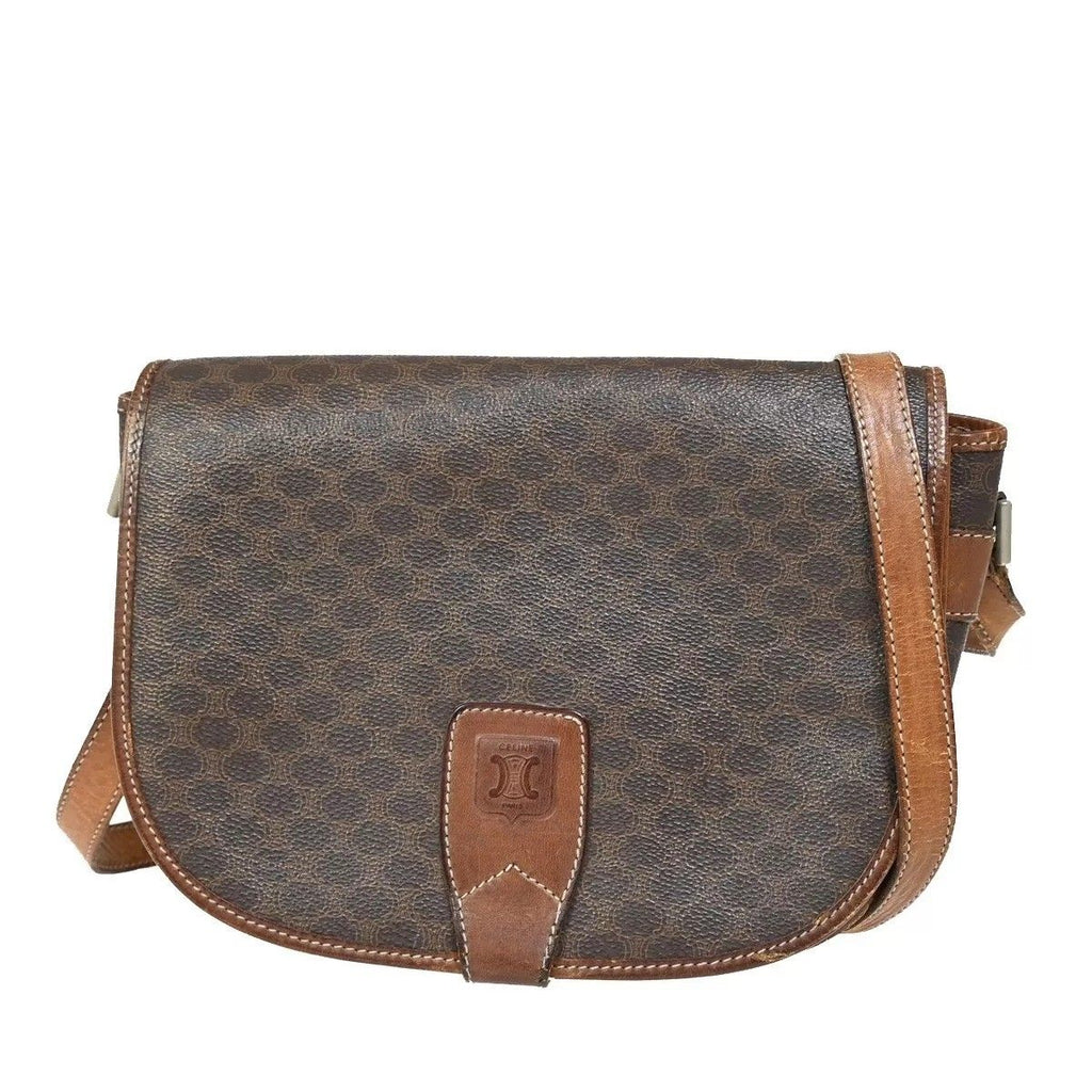 Celine Vintage Shoulder Bag Macadam Pattern Brown Leather