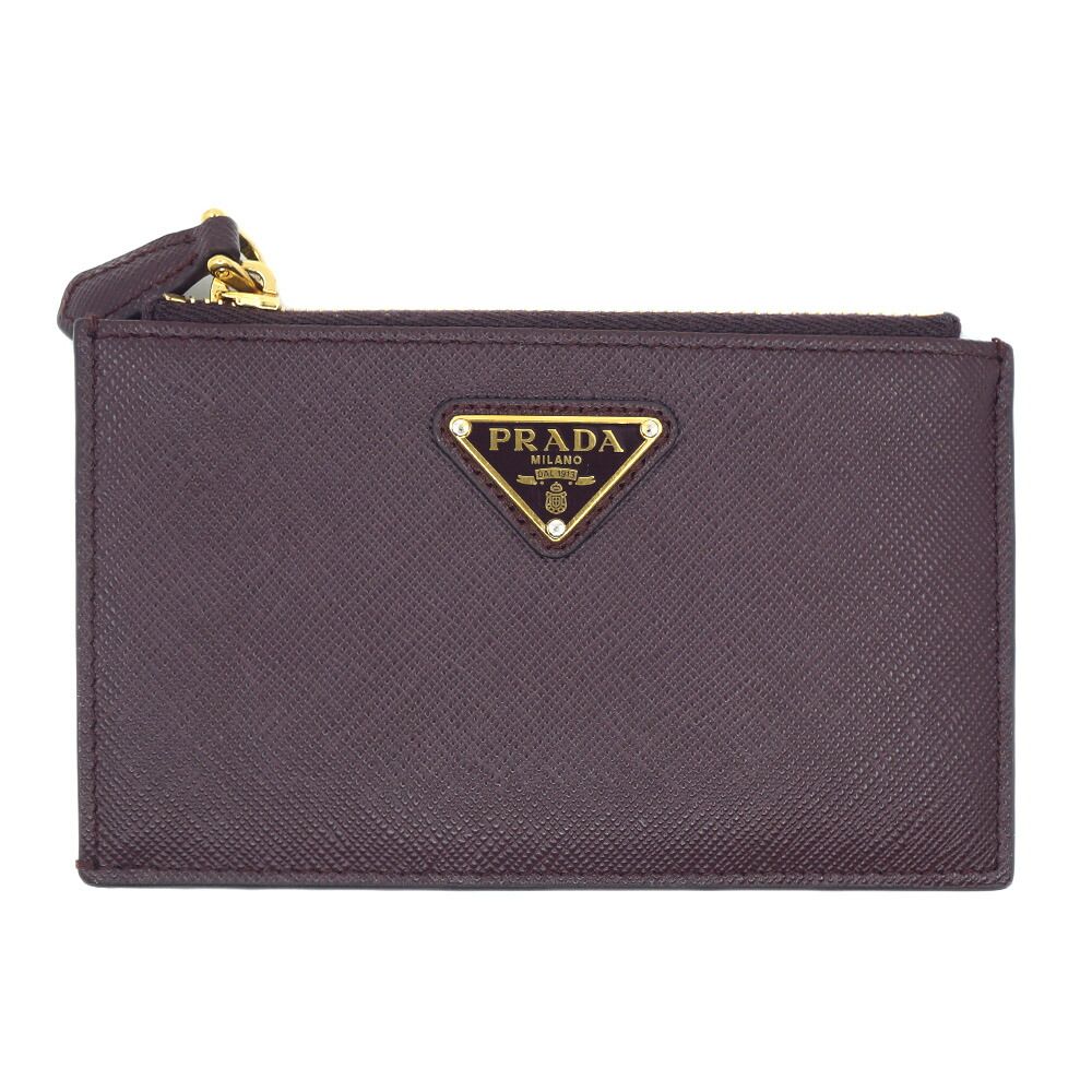 Prada Saffiano Triangle Card Case Coin Leather Bordeaux Burgundy Gold