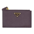 Prada Saffiano Triangle Card Case Coin Leather Bordeaux Burgundy Gold