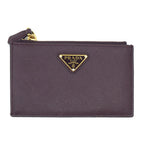 Prada Saffiano Triangle Card Case Coin Leather Bordeaux Burgundy Gold