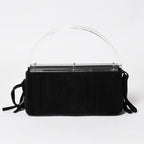 Saint Laurent Rive Gauche Suede Clutch Handbag Black Silver Flap