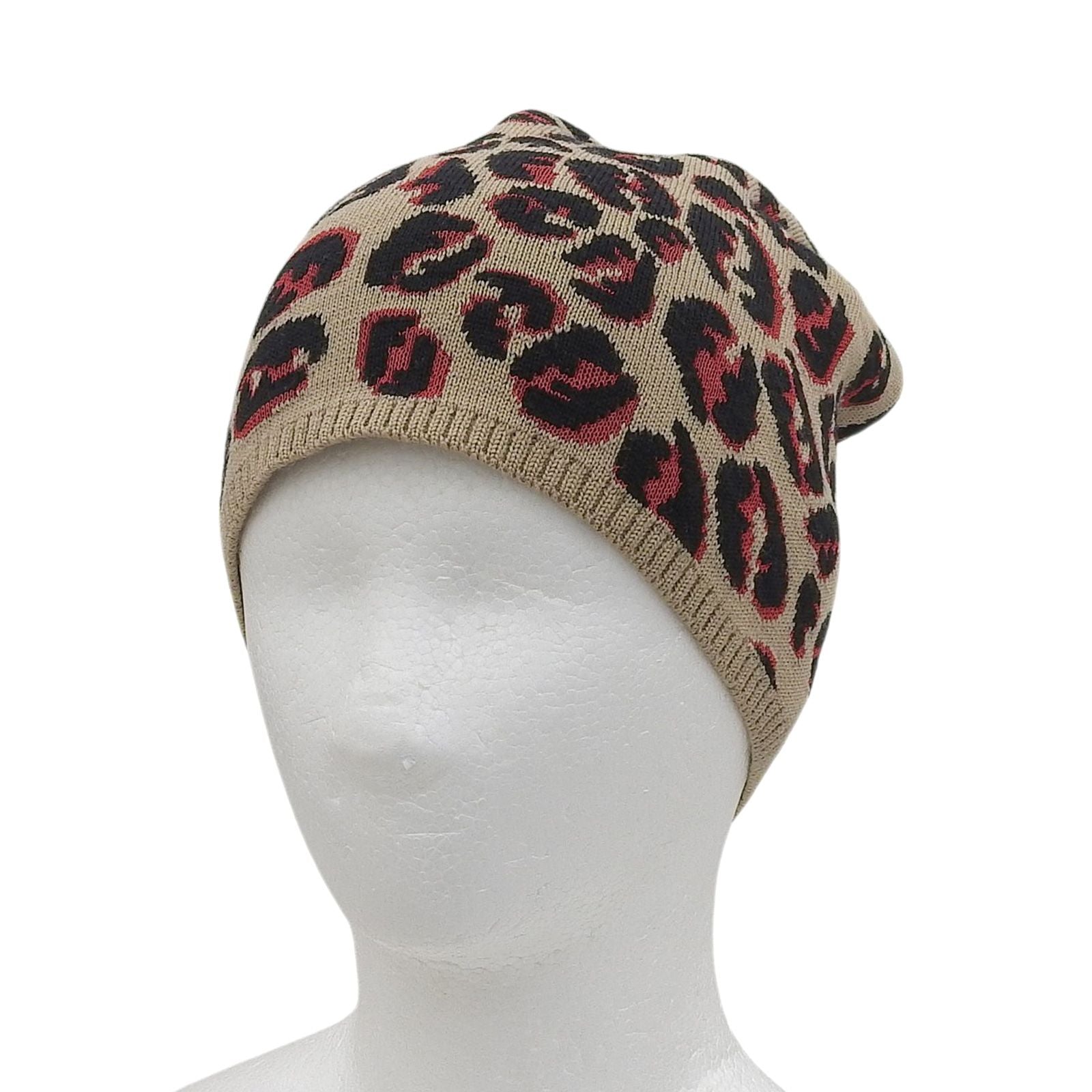 Fendi Wool FF Logo Leopard Print Knit Beanie Beige Black Red