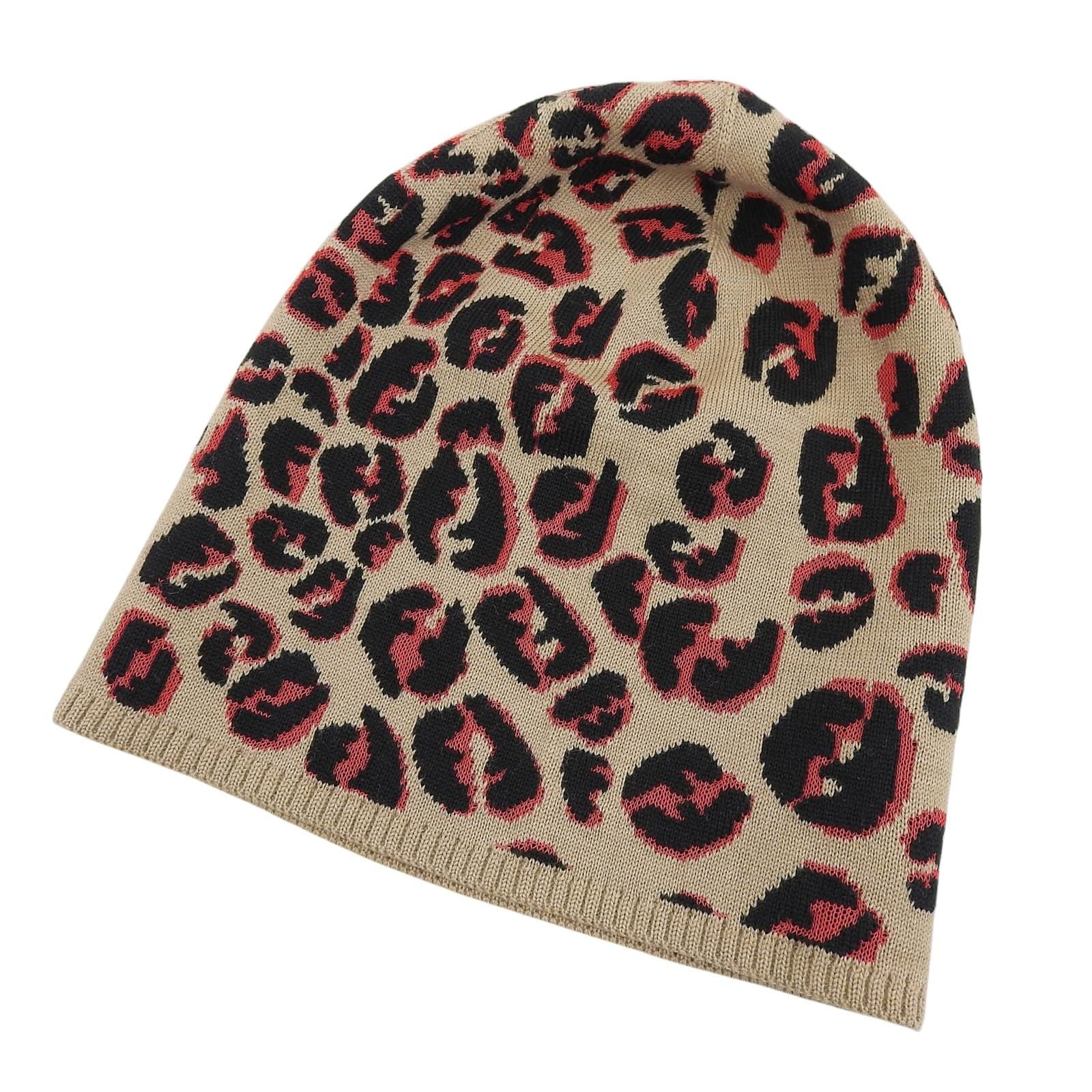 Fendi Wool FF Logo Leopard Print Knit Beanie Beige Black Red — view 5