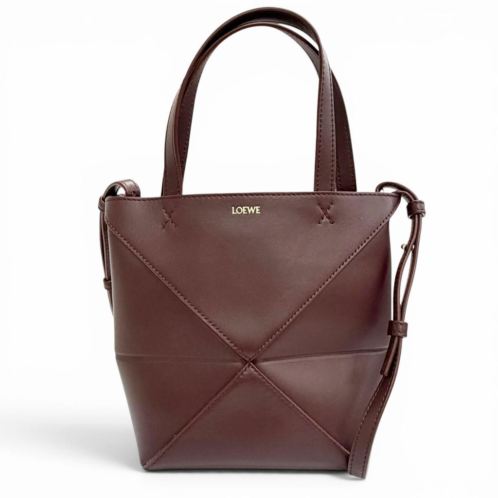 Loewe Puzzle Fold Tote Mini Shiny Calfskin 2-Way Handle Shoulder Bag Burgundy