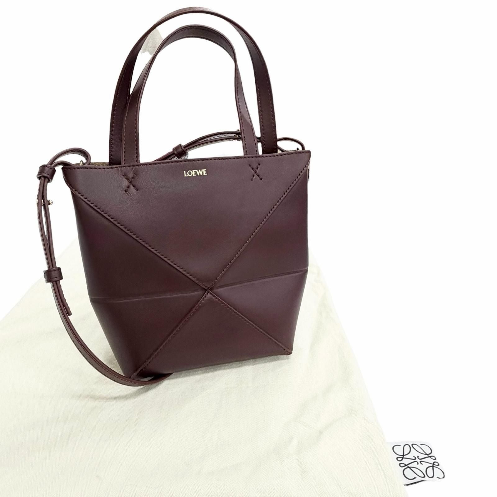 Loewe Puzzle Fold Tote Mini Shiny Calfskin 2-Way Handle Shoulder Bag Burgundy — view 2