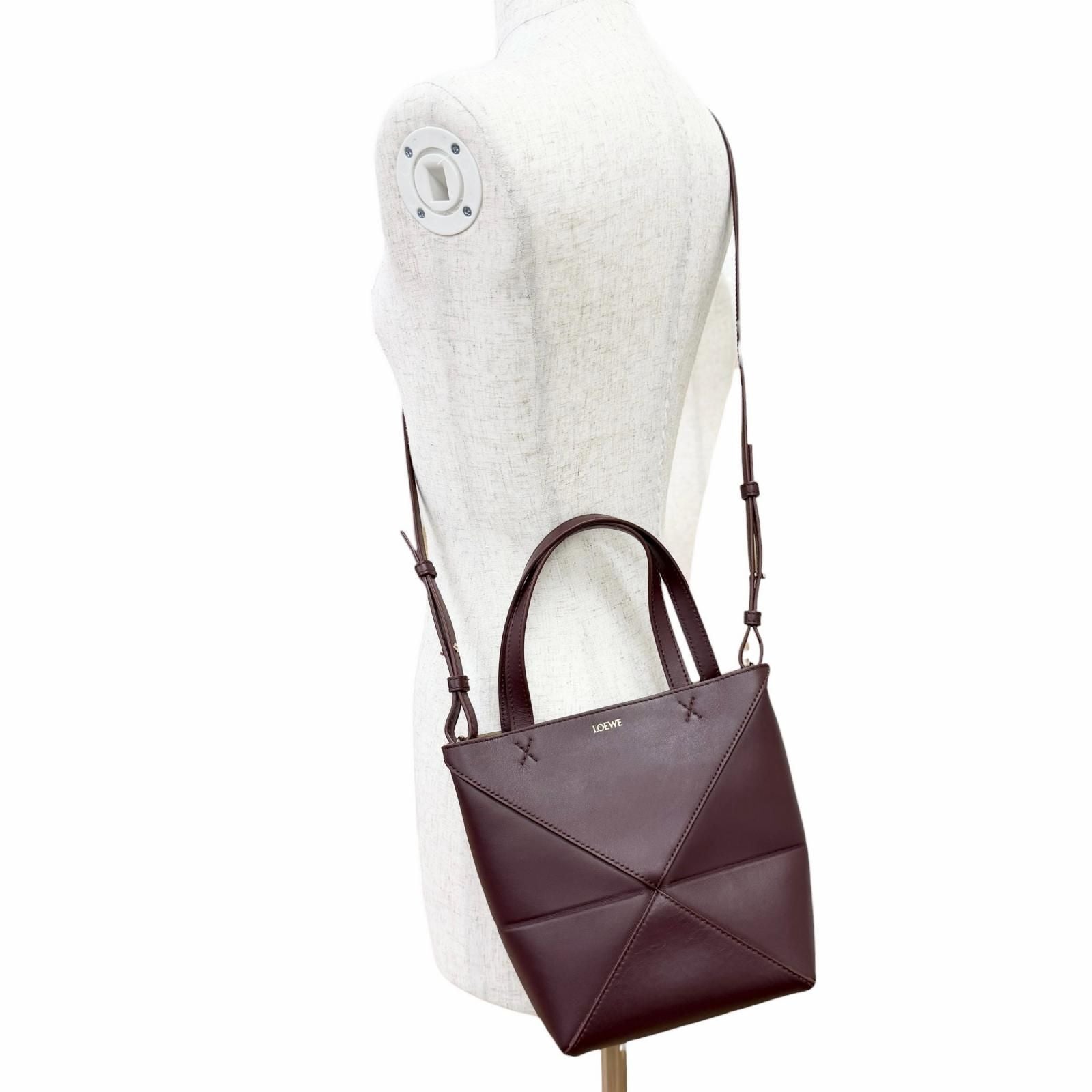 Loewe Puzzle Fold Tote Mini Shiny Calfskin 2-Way Handle Shoulder Bag Burgundy — view 4