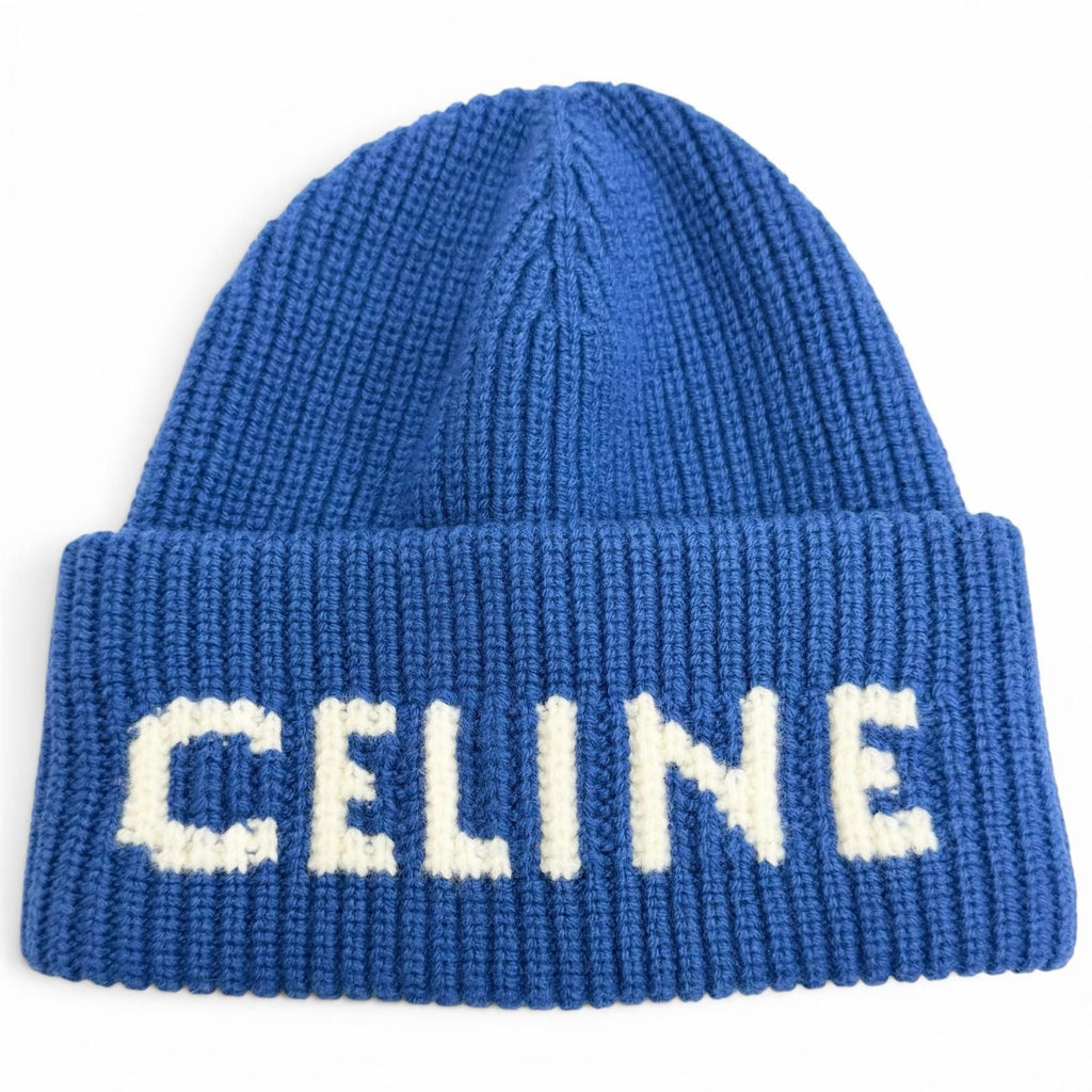 Celine Wool Cashmere Logo Ribbed Knit Beanie Blue White
