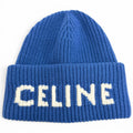 Celine Wool Cashmere Logo Ribbed Knit Beanie Blue White