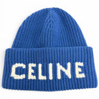 Celine Wool Cashmere Logo Ribbed Knit Beanie Blue White