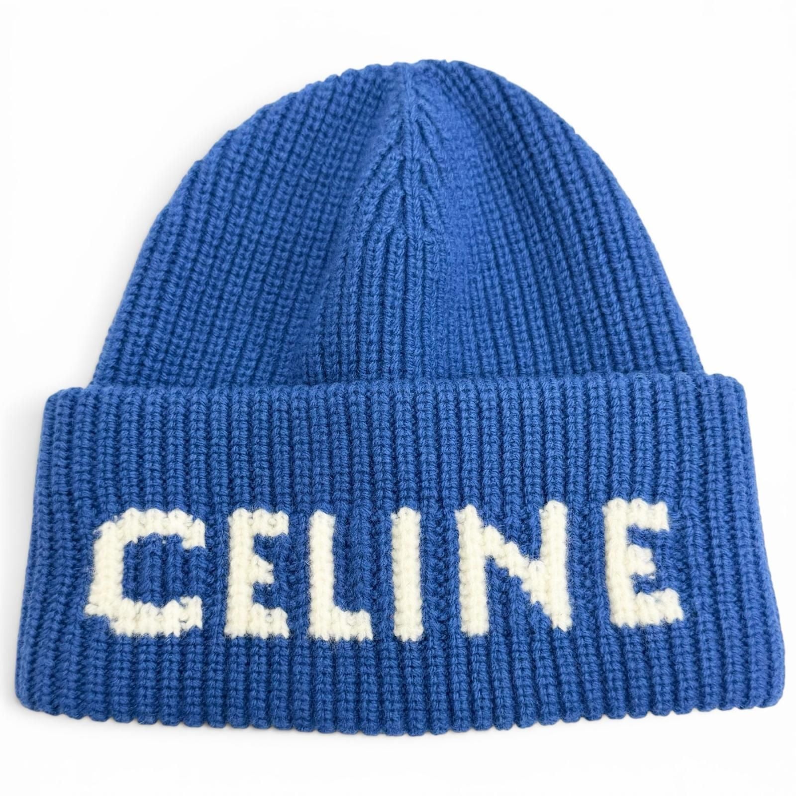 Celine Wool Cashmere Logo Ribbed Knit Beanie Blue White