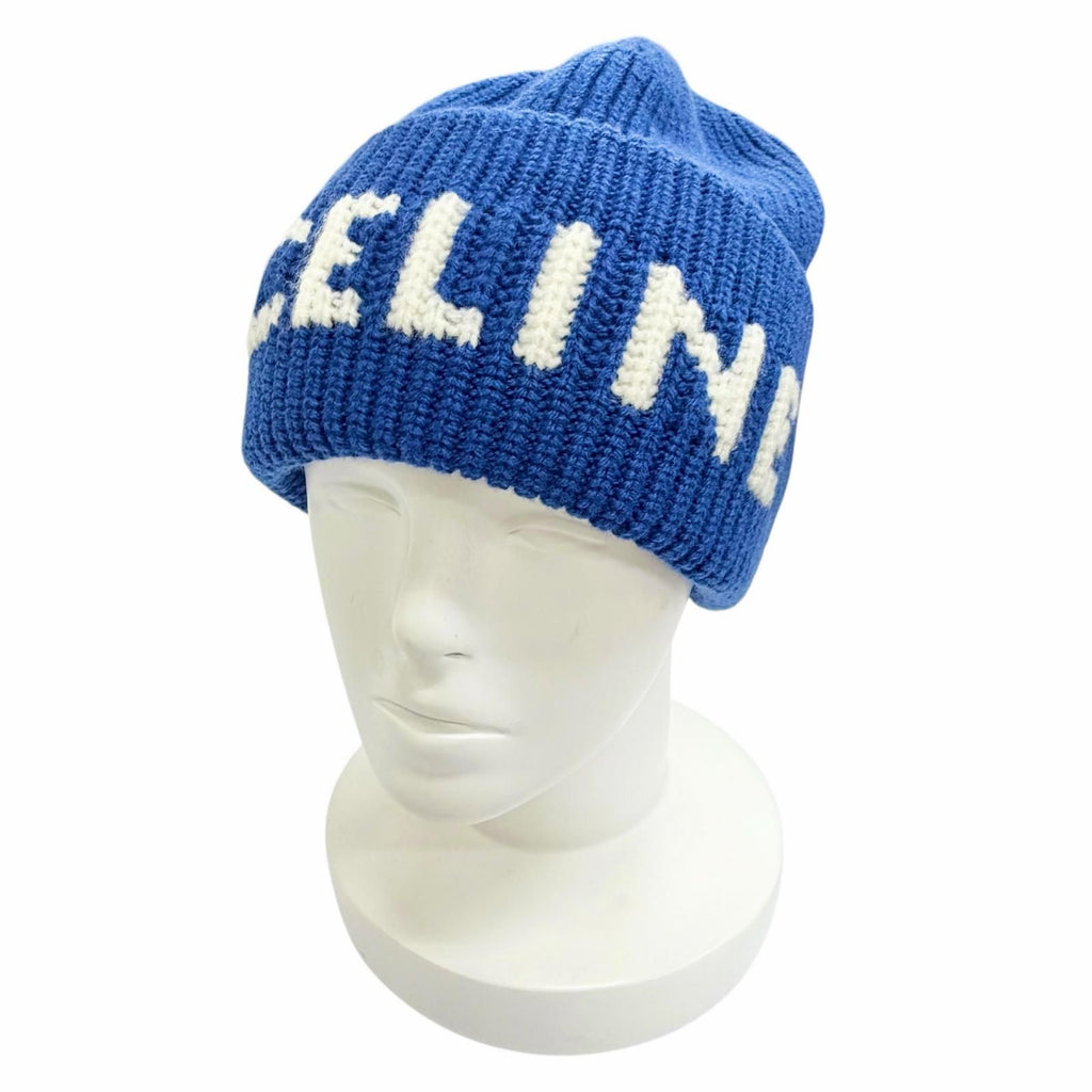 Celine Wool Cashmere Logo Ribbed Knit Beanie Blue White — view 2