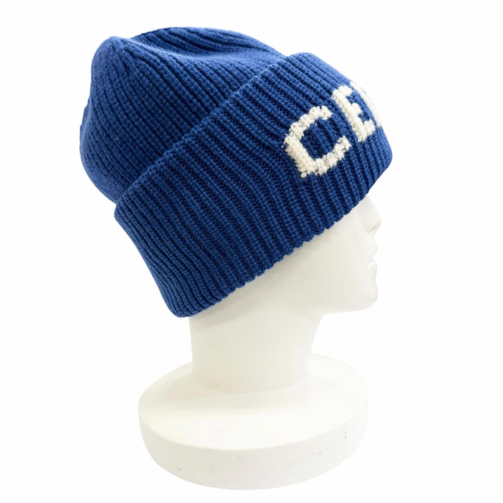Celine Wool Cashmere Logo Ribbed Knit Beanie Blue White — view 4