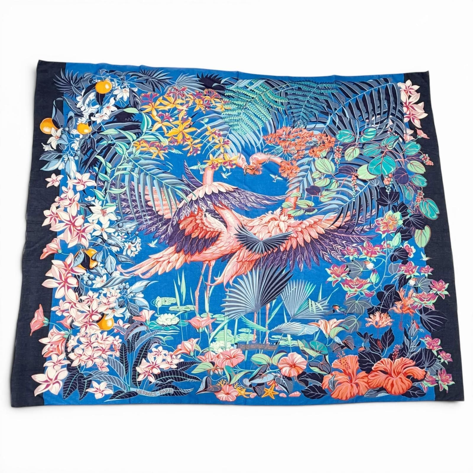 Hermes Pareo Flamingo Party Cotton Oversized Shawl Scarf Blue Recommended — view 2