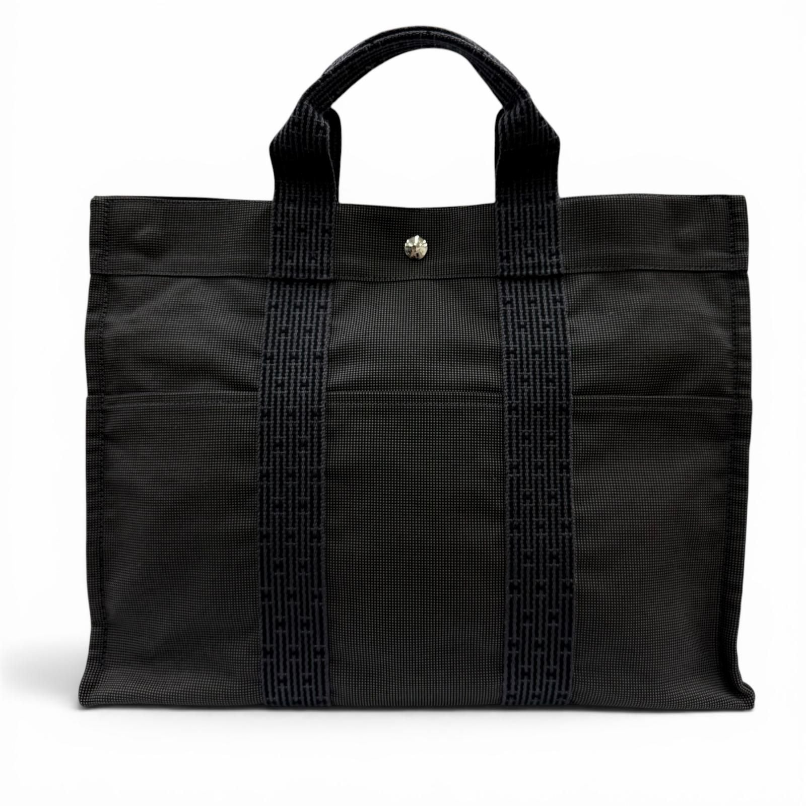 Hermes Her Line Silver Logo Series Button Canvas Hand Tote Gray