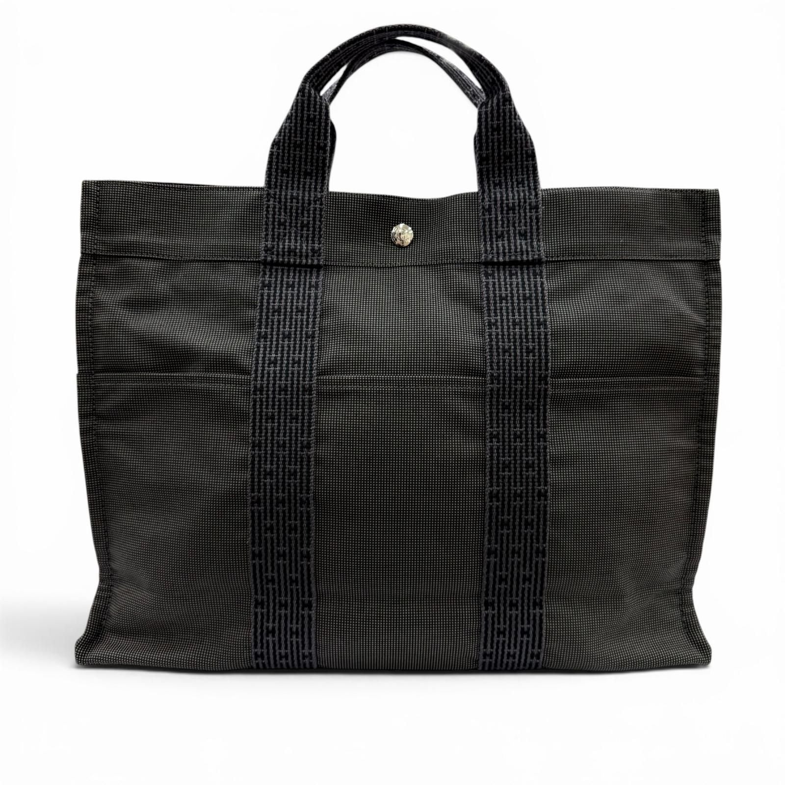 Hermes Her Line Silver Logo Series Button Canvas Hand Tote Gray — view 2